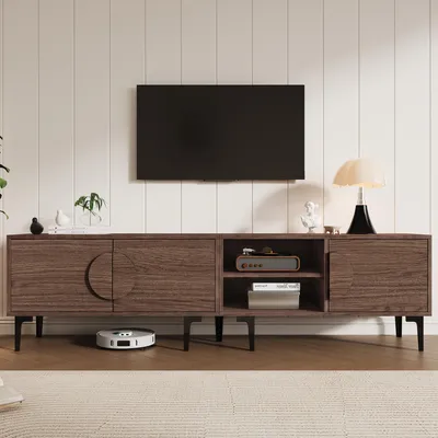 Produktbild von Merax TV-Schrank mit 3 Türen und 2 offene Ablagefächer, stabiler TV-Ständer für Wohnzimmer, TV-Lowboard für bis zu 80 Zoll Fernseher, Walnuss