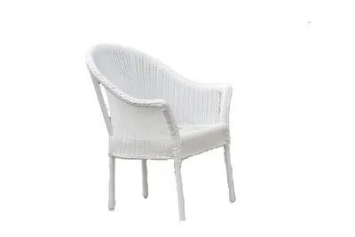 A white wicker chair is shown against a white background.
