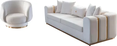 Produktbild von Weißes Wohnzimmer Sofa Set Polstermöbel 4-Sitzer Textil Lehnsessel 2tlg