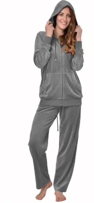 Produktbild von RAIKOU Trainingsanzug Damen Hausanzug Set Jogginganzug Velours Sportanzug Freizeitanzug 2 Teilig Kapuzenjacke Langarm Zipper Lange Sporthose (XL Grau Melange)