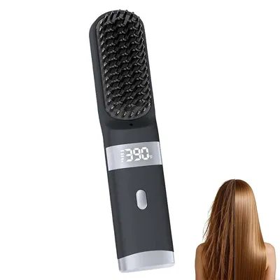Produktbild von Kabellose Glättbürste, tragbare Reisebürste, USB-aufladbar, Dual-Stromversorgung, 30-Sekunden-Schnellheizung, LCD-Display (schwarz)