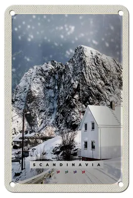 Produktbild von Blechschild Reise 12x18cm Skandinavien Schnee Winter Berg Haus Schild