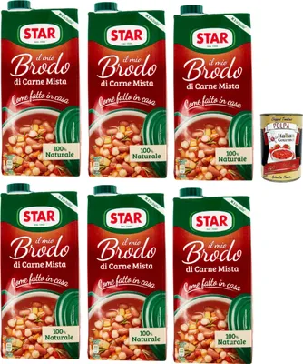 Produktbild von STAR Il Mio Brodo di Carne Mista, 6x 1L, Bereit -hergestellte flüssige Brühe, 100% natürlich, ohne Konservierungsstoffe, Gluten -freie und hinzugefügte glutamatfreie + Italian Gourmet polpa 400g
