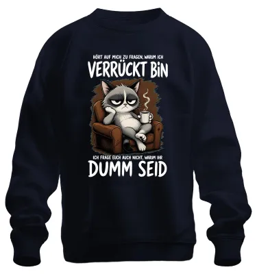 Immagine prodotto di Felpa con cappuccio, colore blu navy, taglia XL. Scritta: "Perché siete così stupidi?", "Sono pazzo", "Dichiarazione sulla gatta", "Sarcasmo"