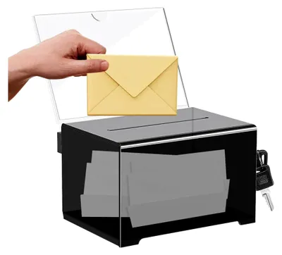 Produktbild von Acryl Spendenbox 155 * 109 * 96 mm: Abschließbare Wahlurne mit Schlüssel, Vorschlagsbox mit Schilderhalter, Aktionsbox für Abstimmungen, Gewinnspiele, Wettbewerbe, Schwarz