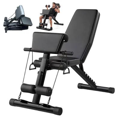 Produktbild von Relaxdays Hantelbank, bis 200 kg, klappbar, verstellbar, Zugbänder, Bizeps-Pad, Home Gym, Multifunktionsbank, schwarz, KI-generiertes Bild