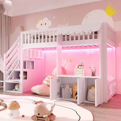 Immagine prodotto di Letto a soppalco 90x200 cm con scaletta contenitore, 3 vani contenitori, armadio contenitore, striscia LED multicolore e rete a doghe, bianco/rosa