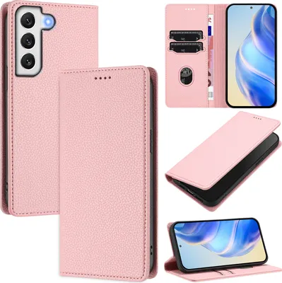 Obrázek produktu pro Kožené pouzdro pro Samsung Galaxy S22 5G, Litschi kůže, peněženkové pouzdro s přihrádkami na karty a stojánkem Růžový