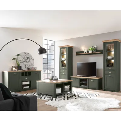 Produktbild von Landhaus Wohnwand Set mit Anrichte & Couchtisch CINCINNATI-61 in grün mit Wotan Eiche, mit Beleuchtung, B/H/T: 328/207/45cm
