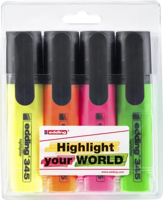 Produktbild von Edding 345, 4 Stück(e), Grün, Orange, Pink, Gelb, Meißel, Mehrfarbig, Rechteck, Fein / Extradick