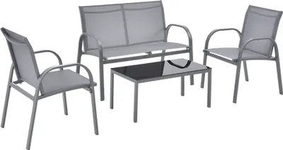 A set of outdoor furniture including a loveseat, two chairs, and a coffee table, displayed on a white background.