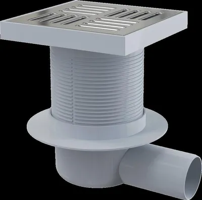 Image de AlcaDrain siphon de sol 150×150/50 mm avec sortie horizontale, grille en acier inoxydable, siphon avec eau de retenue