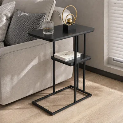 Produktbild von C-Form Beistelltisch Holz,Couchtisch mit 2 Ablagen, Wohnzimmertisch Nachttische Sofatisch für kleine Räume,Metall & MDF 50x30x58cm