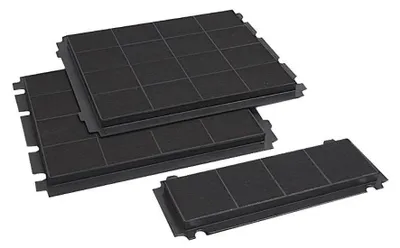 A set of black charcoal filters for a range hood, arranged in a group on a white background.