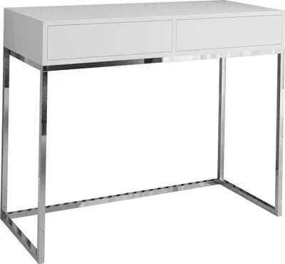 A white desk with a chrome frame is shown against a white background.