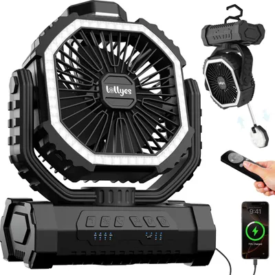 Immagine prodotto di Ventilatore da tavolo portatile, colore nero - Batteria da 20000 mAh - 4 velocità - Con luce e telecomando