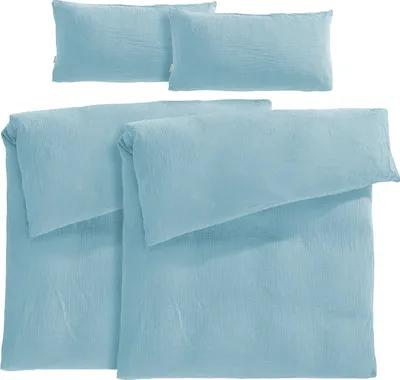 Produktbild von Pure Label Musselin Bettwäsche 135x200 4 teilig bestehend aus Bettbezug 135 x 200 cm 2er Set + Kissenbezug 40x80 cm 2er Set aus Baumwolle in blau