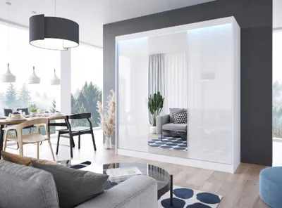 Zdjęcie produktu dla Duża szafa przesuwna LACO 180cm biała - fronty z różnego koloru szkła lacobel, lustro, w komplecie z półkami, drążkami i eleganckim oświetleniem LED