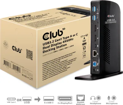 Immagine prodotto di CLUB3D USB3.2 Gen1 Type A or C Dual Display 4K60Hz Docking Station DisplayLink® Certified