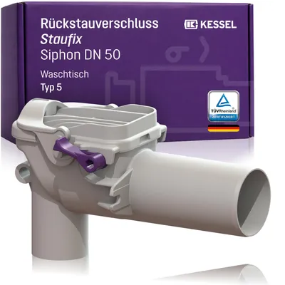 Produktbild von KESSEL Staufix Siphon DN 50 Typ 5 Rückstauverschluss für Waschtisch, 73051, Mechanische Rückstausicherung für fäkalienfreies Abwasser, 2 Klappen