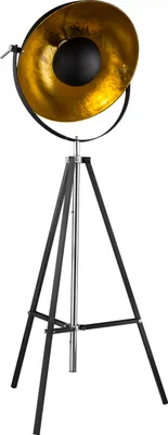 A floor lamp with a tripod base and a large, golden, bowl-shaped shade.