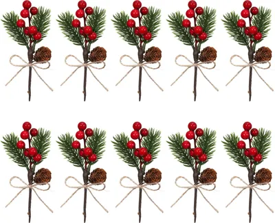 Produktbild von 10 künstliche Kiefernzweige mit roten Beeren und Mini-Kiefernzapfen zum Verpacken, Basteln, für Weihnachtskränze und Weihnachtsbaumdekoration