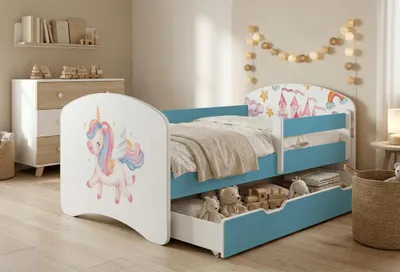 Immagine prodotto di Lettino Happy Babies con sponde di sicurezza per bambino, 140x70 cm, per cameretta con cassetto, materasso per lettino singolo, blu, adesivi colorati