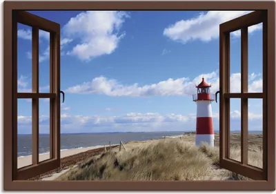 Produktbild von ARTland Leinwandbild Fensterblick - Leuchtturm Sylt, braun Größe: 100x70 cm