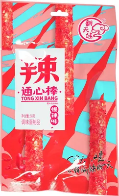 A bag of spicy snack sticks with Chinese text and branding.