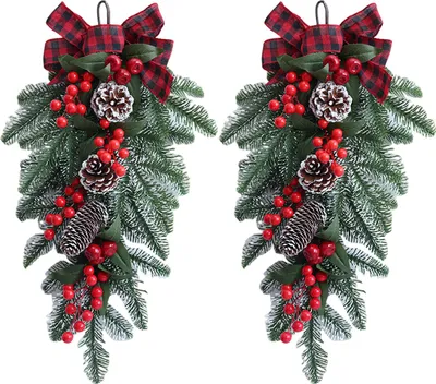 Produktbild von Weihnachtsgirlande, künstlicher Tropfengirlandenkranz mit Tannenzapfen, roten Beeren und Schleife, Winter-Türhängergirlande für die Haustür-Treppendekoration