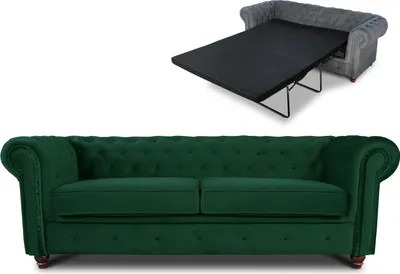 Produktbild von Schlafsofa Chesterfield Asti Bis 3-Sitzer, Sofa mit Schlaffunktion, Couch 3-er, Couchgarnitur, Sofagarnitur, Holzfüße - Glamour Design, Velours (Dunkelgrün (Velvet 78))