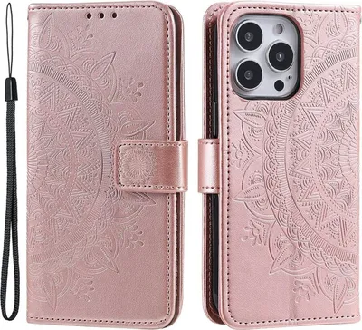 A rose gold flip case for an Apple iPhone 14 Pro with a mandala pattern is shown from two angles.