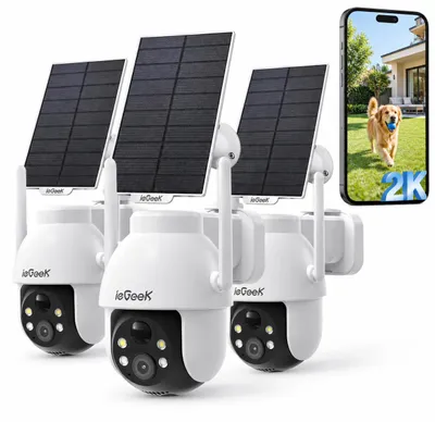 Productafbeelding van 3 stuks 2K 3MP zonnepaneel bewakingscamera voor buiten, 360° PTZ, accu, 2.4GHz, draadloos, PIR-bewegingssensor, kleurenweergave bij weinig licht, tweewegs audio