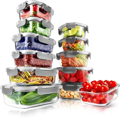 Imagen del producto de Recipientes de vidrio con tapa, juego de 12 unidades, ideales para preparar comidas, perfectos para el almuerzo, la cocina y el almacenamiento de alimentos. Son herméticos, aptos para congelador y