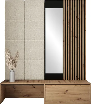 Produktbild von MIRJAN24 Garderoben-Set Premium, Garderobe mit 8x Wandpanel 42x42, Schuhschrank + Spiegel + Lamellen Paneel mit Kleiderhaken (Farbe: Artisan Eiche, Abriamo 03)
