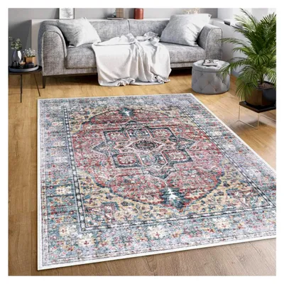 Produktbild von Waschbarer Teppich für Wohnzimmer und Schlafzimmer mit Vintage-Muster, Flachgewebe, modern, orientalisches Ornament in Pastell, Größe: 60x100 cm, Farbe: Bunt 2