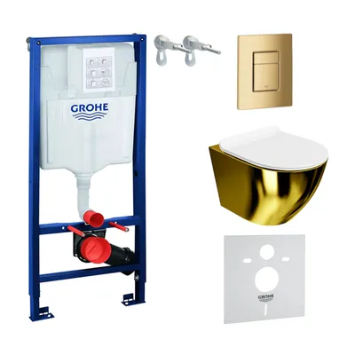 Produktbild von GROHE Vorwandelement Solido + Wand Hänge WC Sofi Slim Gold/Weiß Spülrandlos + WC-Sitz SoftClose | Goldener Knopf | Komplettset | Unterputz Spülkasten |  Toilette Komplett Sett