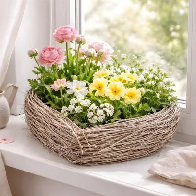 Produktbild von Pflanzschale "Herz" aus Weide & Reisig, grau, Pflanzkorb Ø 35 cm, rustikales Pflanzgefäß in Herzform, Blumenkorb, Pflanztopf, Balkon & Gartendeko