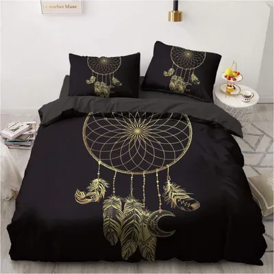 Produktbild von Bettwäsche-Set 200x200cm Schwarz Gold Bohemian Vintage Mikrofaser 2 Kissenbezüge 80x80cm mit Reißverschluss