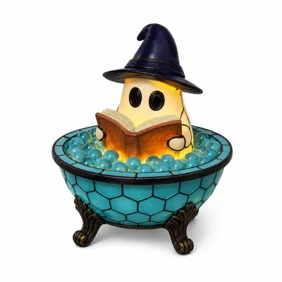 Produktbild von LED Geist Lampe Halloween, niedliche Geister Deko Figur mit Badewanne und Buch, warme Nachtlicht Dekoration aus Harz für Bad Kinderzimmer Geschenk