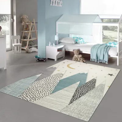 Produktbild von Kinderteppich Teppich Kinderzimmer mit Bergen in Pastel Blau Grau Größe - 200 x 290 cm