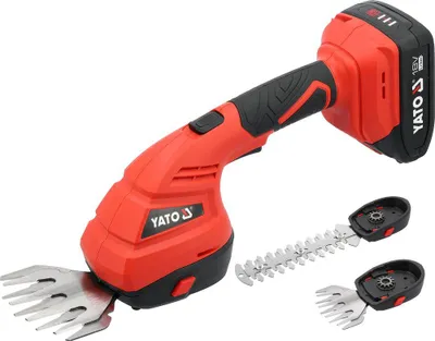 Produktbild von Akku Gras- und Strauchschere 18 V mit 2,0 Ah Akku und Ladegerät, bürstenloser Motor, 2-in-1 Rasenschere und Heckenschere, 180 mm Grasschere, 92 mm Strauchschere, YATO
