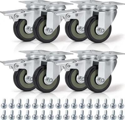 Produktbild von Kurtzy Lenk Rollen Schwerlast Schwarz (8Stk) - 50mm Möbelrollen Gummi Feststellbare Rollen mit Bremse, Schrauben & Metallplatten - Max. 200kg für