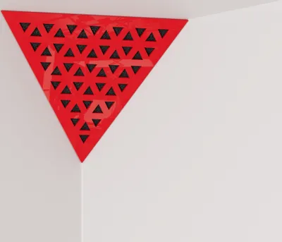 Zdjęcie produktu dla 2-częściowa sufitowa narożna pułapka basowa "Triangle-TRI" z pianki akustycznej z perforowaną laminowaną płytą HDF | 42x42x42cm | pułapka basowa w kształcie trójkątnej piramidy| kolor: czerwony błyszczący plastik