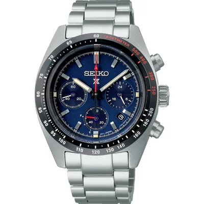 A close-up, studio shot of a Seiko Prospex men's chronograph watch.