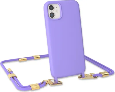 Produktbild von EAZY CASE Handykette Silikon mit Clips 2 in 1 kompatibel mit Apple iPhone 11 Handyhülle mit Umhängeband, Handykordel mit Silikon, Hülle mit Band, Kette für Smartphone, Lila - Clips Gold