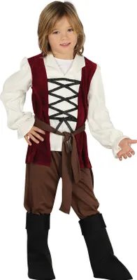 A child is wearing a medieval-style costume.