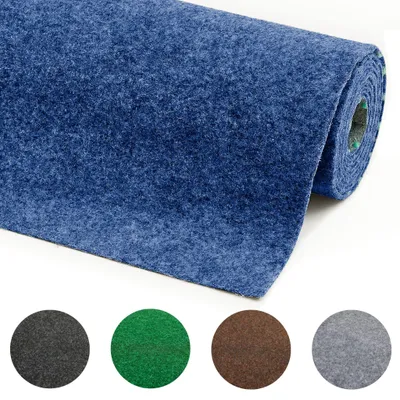Rollenabbildung des blauen Rasenteppichs mit Farbmustern in grau, anthrazit, braun, grün