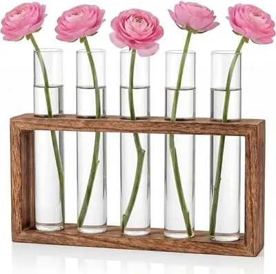 Produktbild von Kleine Vintage Blumenvase, Modern Glas Reagenzgläser für Blumen Mit Ständer Holz, Glasrohre mit Flachboden Vasen Deko Set für Hydrokultur Pflanzen Tischdeko Hause Büro Wohnzimmer Küche Deko
