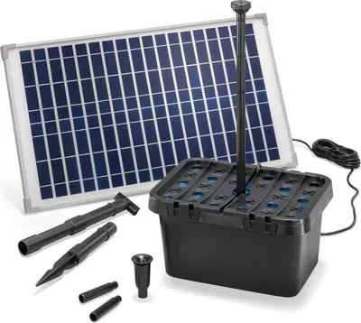 A solar-powered pond filter system with its components laid out on a white background.